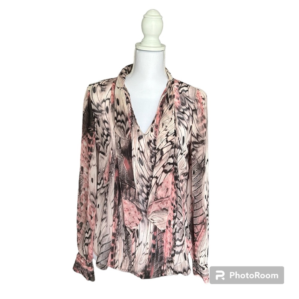 Jennifer Lopez Animal Print Sheer Tie Neck Long Sleeved Blouse, Medium